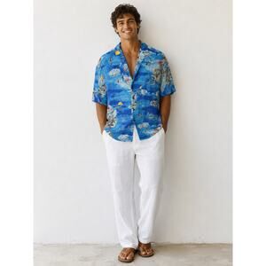 PINEAPPLE CONNECTION Blue Vintage Hawaiian Vacay Tropical Button Up Shirt sz XL